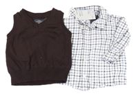 Nové - 2Set - Tmavohnědá pletená vesta s výšivkou + kostkovaná košile H&M