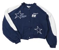Tmavomodro-bílá baseballová crop mikina s číslem a nápisy a hvězdami H&M