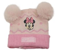 Růžová vzorovaná pletená čepice s Minnie a bambulemi Primark