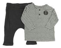 Nové - 2set - Tmavošedo-světlešedé pruhované triko s knoflíky + antracitové tepláky Next