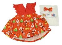 Nové - 2set - Červené šaty s vánočním motivem a všitým body + mašle