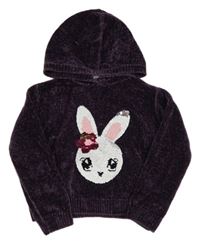 Fialový žinylkový svetr s králíkem z překlápěcích flitrů a kapucí Dopodopo