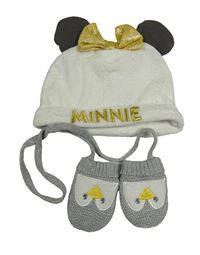 2set - Smetanová sametová čepice s oušky a mašlí - Minnie + šedé rukavice s tučňákem na šňůře