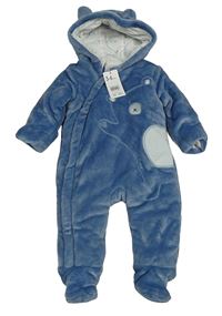 Nové - Modrá chlupatá zateplená kombinéza s medvědem a kapucí Mothercare