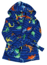 Modrý pruhovaný chlupatý župan s dinosaury a kapucí