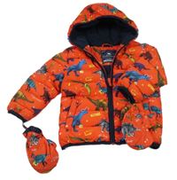 Červená prošívaná šusťáková zimní bunda s dinosaury a kapucí + rukavice George