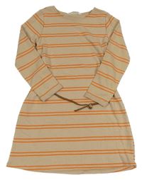 Béžovo-oranžové pruhované teplákové šaty s páskem H&M