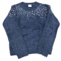 Tmavomodrý chlupatý svetr s flitry POCOPIANO