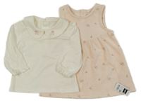 Nové - 2 set - bílé triko s límečkem + světlerůžové sametové šaty s kvítky dunnes