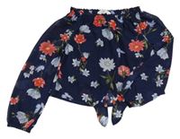 Tmavomodrá květovaná šifonová crop halenka s uzlem H&M
