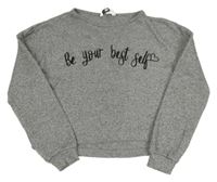 Šedá žebrovaná úpletová crop mikina s nápisem E-Vie