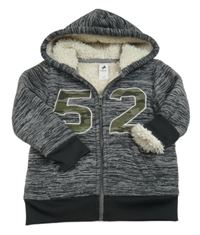 Šedo-černá melírovaná fleecová propínací zateplená mikina s číslem a kapucí zn. C&A