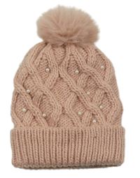 Růžová vzorovaná čepice s perlami a bambulí