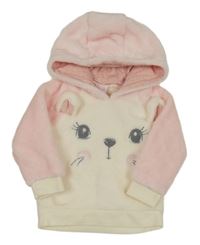 Světlerůžovo-smetanová plyšová mikina s kočičkou a kapucí 