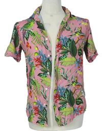 Pánská růžová květovaná slim fit košile s papoušky zn. Primark 