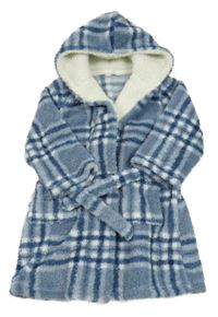 Modro-bílý kostkovaný huňatý župan s kapucí Nutmeg