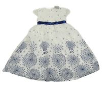 Bílo-modré společenské šaty s kytičkami a stuhou v pase