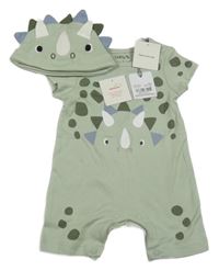 Nové - 2 set - khaki bavlněný kraťasový overal + zelená bavlněná čepice s dinosaurem Tu