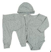 3 set - mintové žebrované body s hvězdičkami + mintové žebrované tepláky s hvězdičkami + mintová žebrovaná čepice s hvězdičkami Staccato