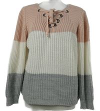 Dámský šedo-bílo-starorůžový pletený svetr se šněrováním Hailys