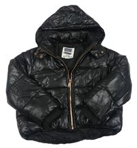 Černá prošívaná šusťáková lesklá zimní bunda s kapucí RIVER ISLAND