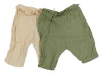 Nové - 2x mušelínové tepláky - khaki + smetanové F&F