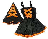 Kostým - Černo-oranžové sametovo/saténové halloweenské šaty + klobouk