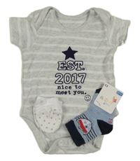 Nové - 3set - Pruhované body + ponožky + rukavice