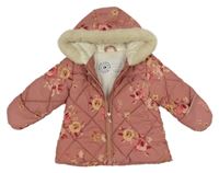 Růžová šusťáková prošívaná zimní bunda s květy a kapucí George 