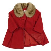 Červený flaušový podšitý kabát s kožíškem F&F