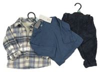 Nové - 3x - Kostkovaná flanelová zateplená bunda + tmavomodré triko + tmavomodré manšestrové kalhoty F&F