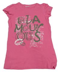 Růžové tričko s nápisem a nařasenými rukávy 