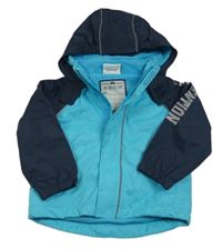 Azurovo-tmavomodrá šusťáková jarní bunda s nápisem a kapucí Topomini