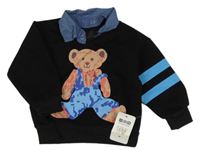 Nové - černá mikina s medvídkem a modrými pruhy a všitou košilí 