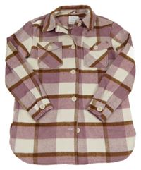 Starofialovo-bílo-hnědá kostkovaná vlněná košilová bunda PRIMARK