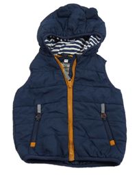 Tmavomodrá prošívaná šusťáková zateplen vesta s kapucí s oušky Topomini