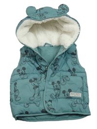 Olivovošedá prošívaná šusťáková zateplená vesta s Mickey a kapucí George