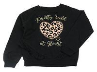 Černá mikina se vzorovaným srdíčkem s flitry a zlatými nápisy a volánky C&A