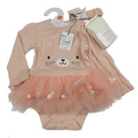 Nové - 3Set - Světlerůžové perforované body+čelenka+růžové punčocháče Tu