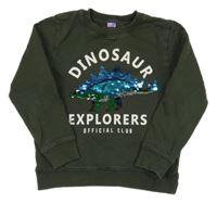 Tmavokhaki mikina s dinosaurem z překlápěcích flitrů a nápisy H&M