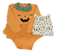 2set - Oranžové body s tylem - dýně + smetanová vzorovaná žebrovaná čepice