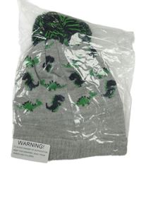 Nové - Šedá melírovaná pletená čepice s dinosaury a bambulí