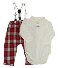 Nové - 2set - Smetanové košilové body + červeno-bílo-černé kostkované podšité kalhoty s kšandami Next