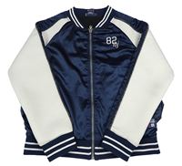 Tmavomodro-světlešedá saténovo/tepláková jarní bunda s číslem