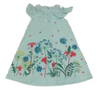 Bílo-tyrkysové pruhované bavlněné šaty s květinami a volánem Kids