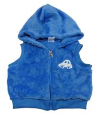 Modrá chlupatá propínací vesta s autem a kapucí