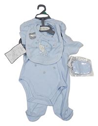 Nové - 4set - Světlemodrý overal s hvězdami + body + slinták se slonem + rukavičky