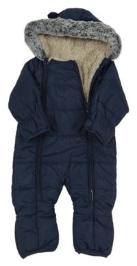 Tmavomodrá šusťáková zimní kombinéza s kapucí s kožešinou George