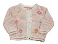 Růžovo-bílý vzorovaný propínací svetr s výšivkami květů Nutmeg