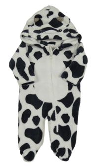 Bílo-černá vzorovaná chlupatá kombinéza s kapucí - kravička 